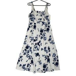 Old Navy Blue Floral Midi Dress Milkmaid Linen Blend Smocked Back Size M NWOT